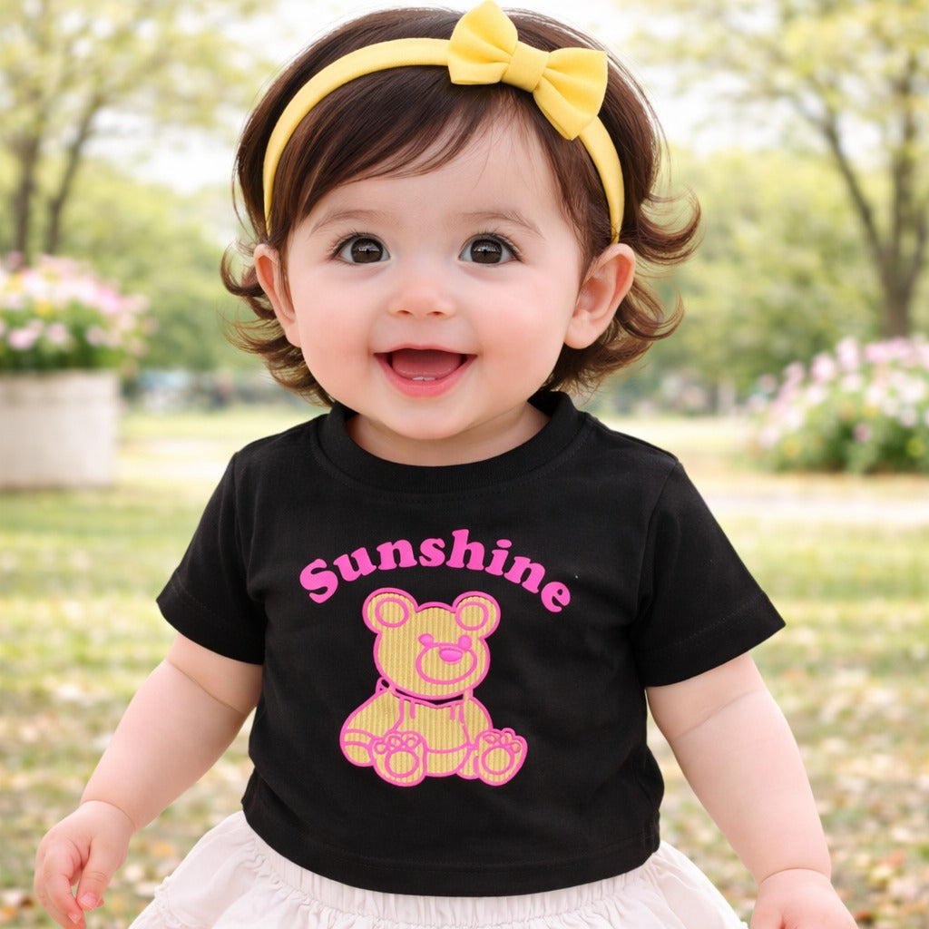 Smile Baby Girls Sunshine Teddy Print Crop Top – Cute Cotton Half Sleeve T-Shirt (18 Months to 6 Years)
