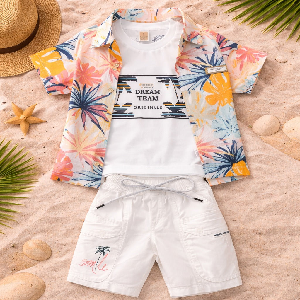 KIDZELLO Baby Boys Tropical Print Co-ord Set – Shirt, T-Shirt & Shorts (6 Months–3 Years)