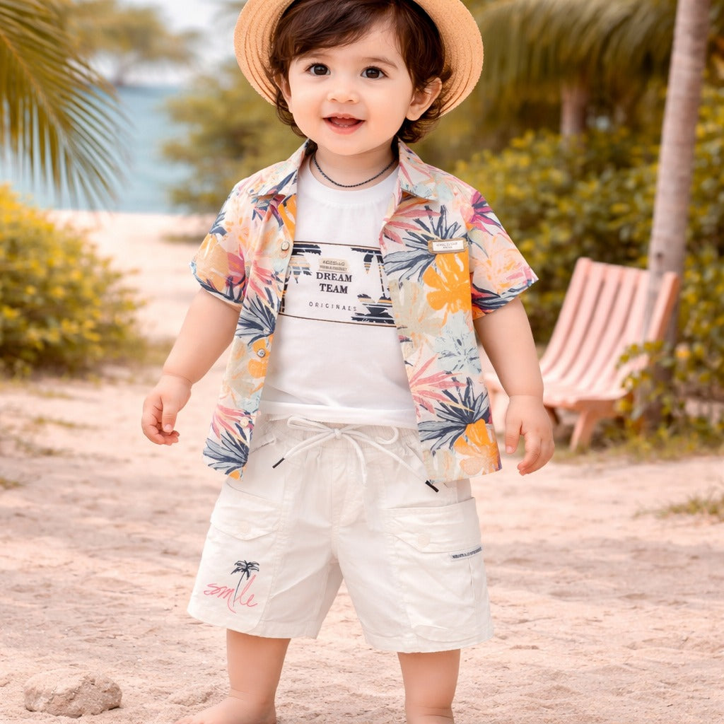KIDZELLO Baby Boys Tropical Print Co-ord Set – Shirt, T-Shirt & Shorts (6 Months–3 Years)