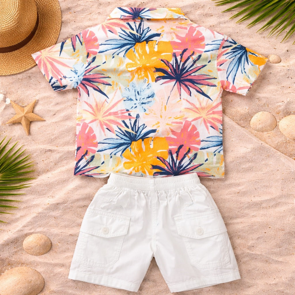 KIDZELLO Baby Boys Tropical Print Co-ord Set – Shirt, T-Shirt & Shorts (6 Months–3 Years)