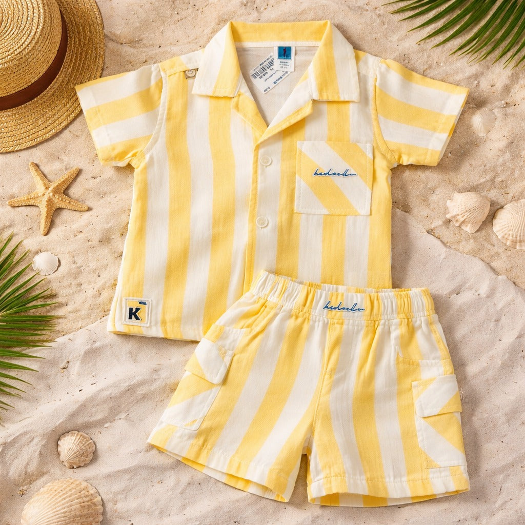 KIDZELLO Baby Boys Striped Co-Ord Set – Shirt & Shorts | Lemon & White / White & W.Green | 0–12 Months