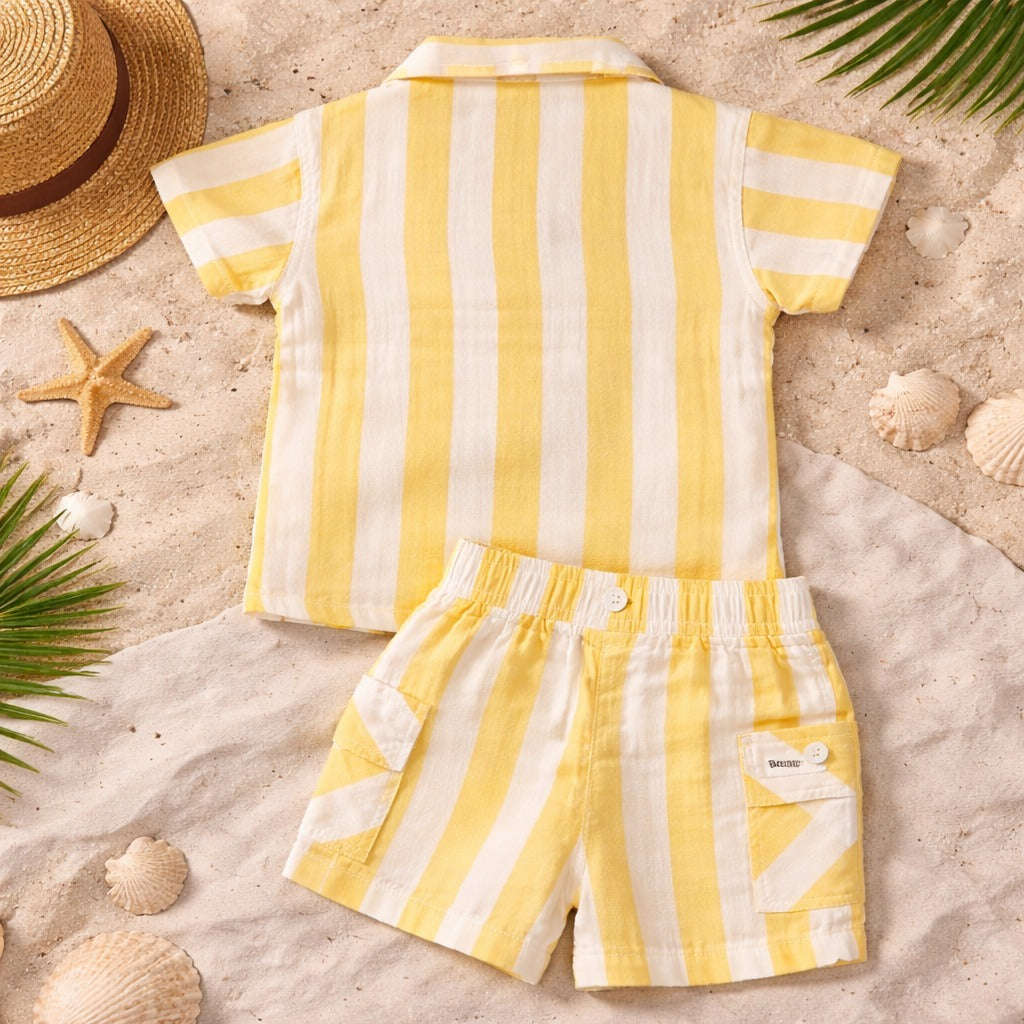 KIDZELLO Baby Boys Striped Co-Ord Set – Shirt & Shorts | Lemon & White / White & W.Green | 0–12 Months