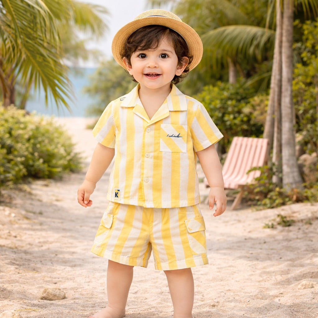 KIDZELLO Baby Boys Striped Co-Ord Set – Shirt & Shorts | Lemon & White / White & W.Green | 0–12 Months