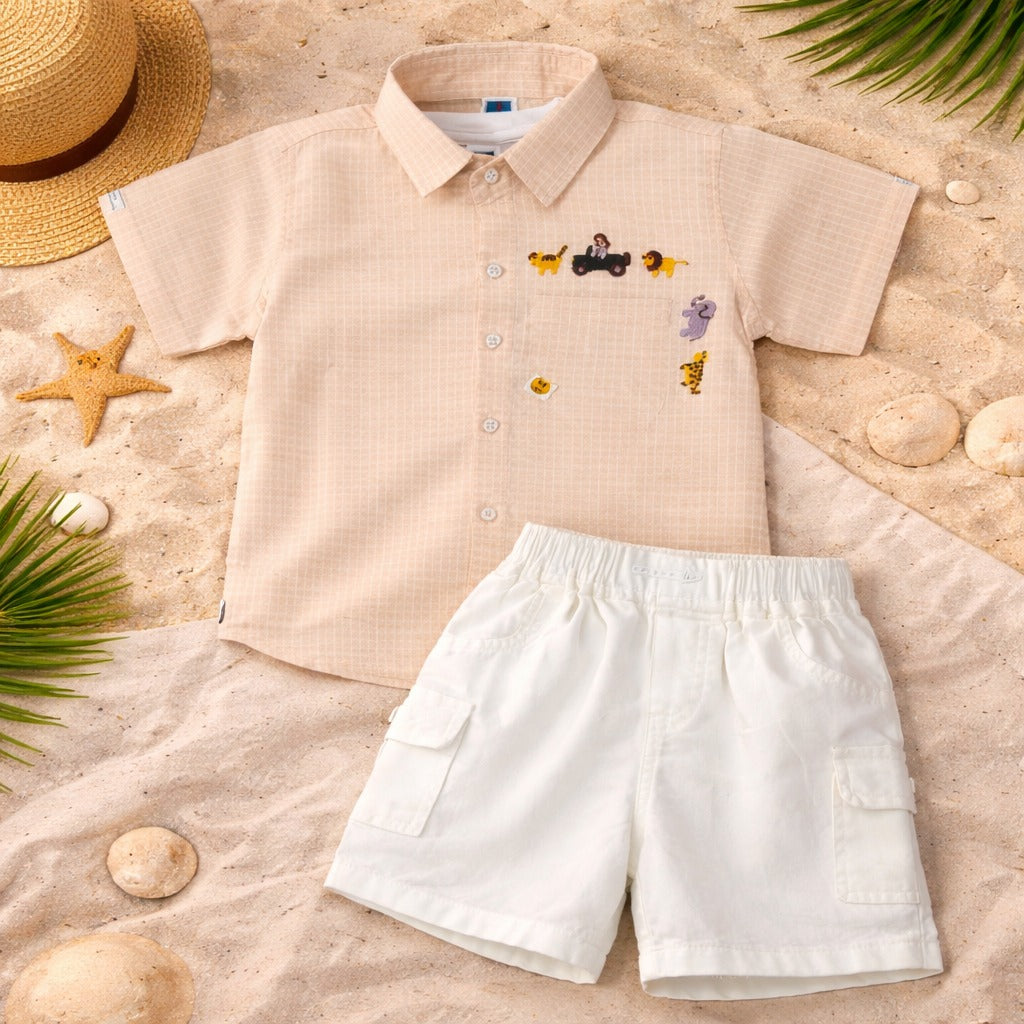KIDZELLO Baby Boys Summer Shirt & Shorts Set (0–12 Months) – Soft Cotton Outfit in Orange & Pink