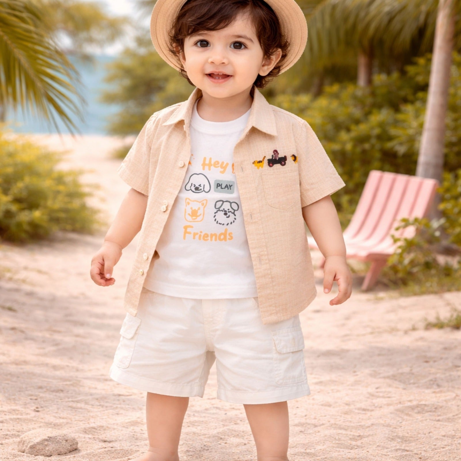 KIDZELLO Baby Boys Summer Shirt & Shorts Set (0–12 Months) – Soft Cotton Outfit in Orange & Pink