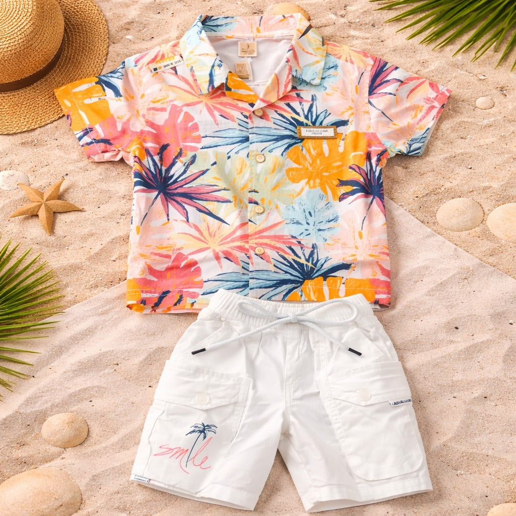 KIDZELLO Baby Boys Tropical Print Co-ord Set – Shirt, T-Shirt & Shorts (6 Months–3 Years)