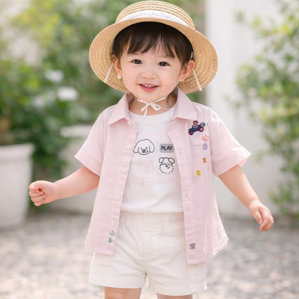 KIDZELLO Baby Boys Summer Shirt & Shorts Set (0–12 Months) – Soft Cotton Outfit in Orange & Pink