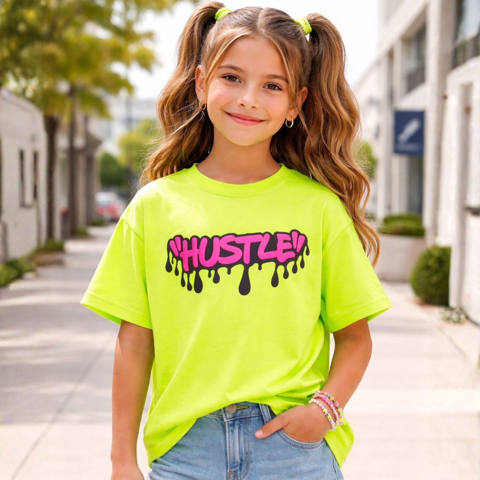 Smile Baby Kids Graphic Printed T-Shirt – “Hustle” & “I Match Energy” Design | H. Pink & Neon Green | 5-14 Years