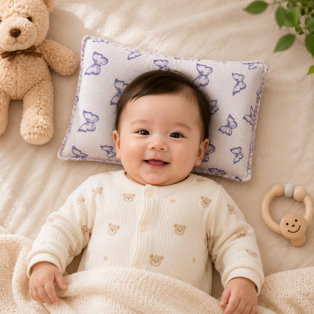 Smile Baby Natural Mustard Seed Baby Pillow with Purple Butterfly Print – Soft Cotton Head Support Pillow for Newborns & Infants, Breathable & Washable