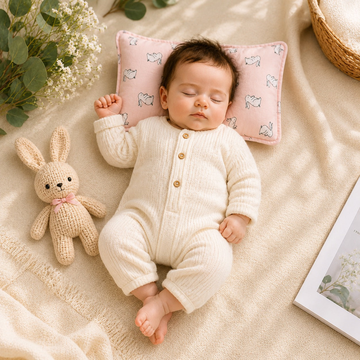 Smile Baby Natural Mustard Seed Baby Pillow with Pink Bunny Print – Soft Cotton Head Support Pillow for Newborns & Infants, Breathable & Washable