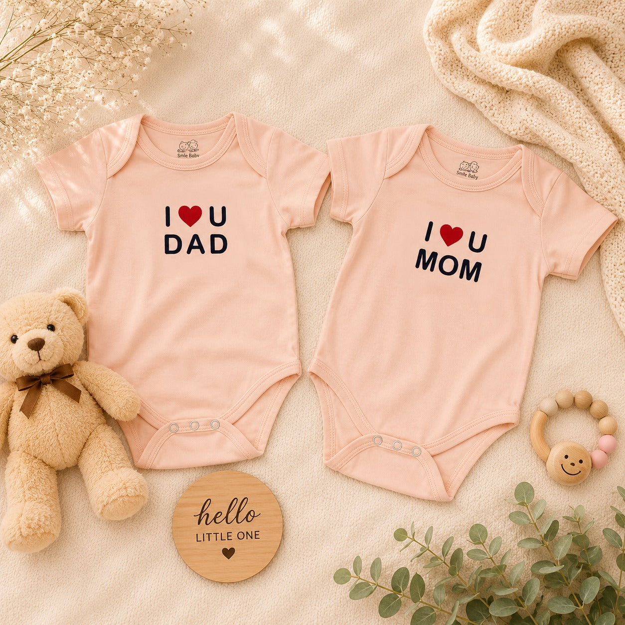 Smile Baby Baby Romper Set of 2 – I Love Mom & Dad Printed Cotton Bodysuits for Newborn Babies | Soft Half Sleeve Onesies | 0-6 Months