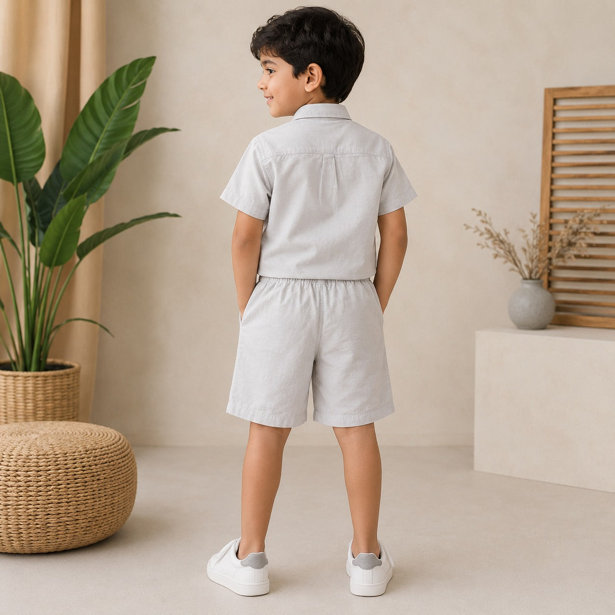 Smile Baby Boys Cotton Shirt & Shorts Co-Ord Set | Half Sleeve Summer Outfit for Kids | Soft & Breathable Casual Wear | Black, Sky Blue, Grey | Size 3-9 Years