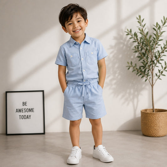 Smile Baby Boys Cotton Shirt & Shorts Co-Ord Set | Half Sleeve Summer Outfit for Kids | Soft & Breathable Casual Wear | Black, Sky Blue, Grey | Size 3-12 Years