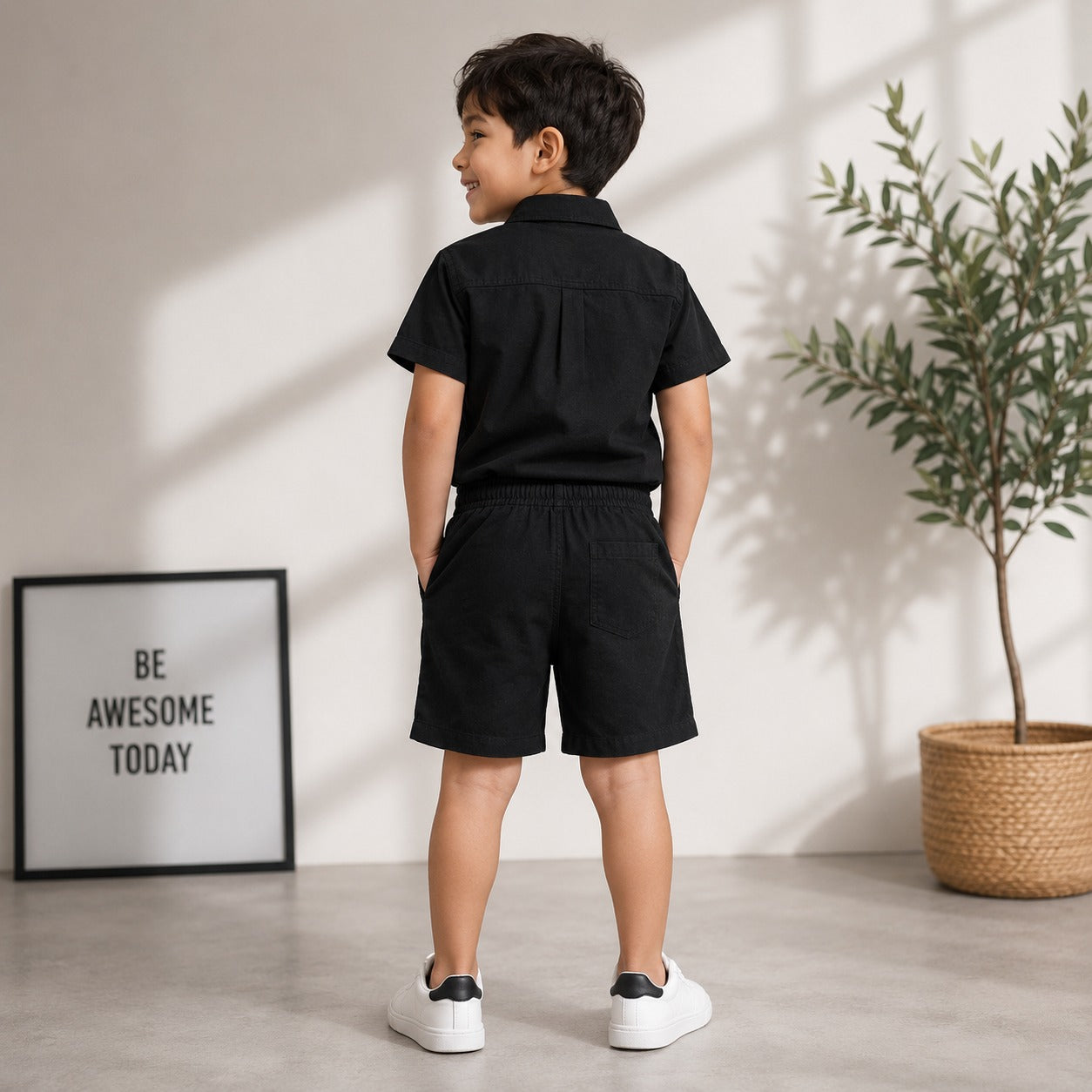 Smile Baby Boys Cotton Shirt & Shorts Co-Ord Set | Half Sleeve Summer Outfit for Kids | Soft & Breathable Casual Wear | Black, Sky Blue, Grey | Size 3-9 Years