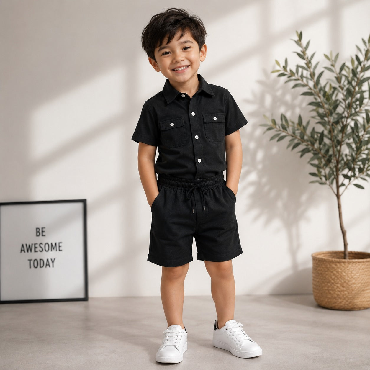 Smile Baby Boys Cotton Shirt & Shorts Co-Ord Set | Half Sleeve Summer Outfit for Kids | Soft & Breathable Casual Wear | Black, Sky Blue, Grey | Size 3-9 Years