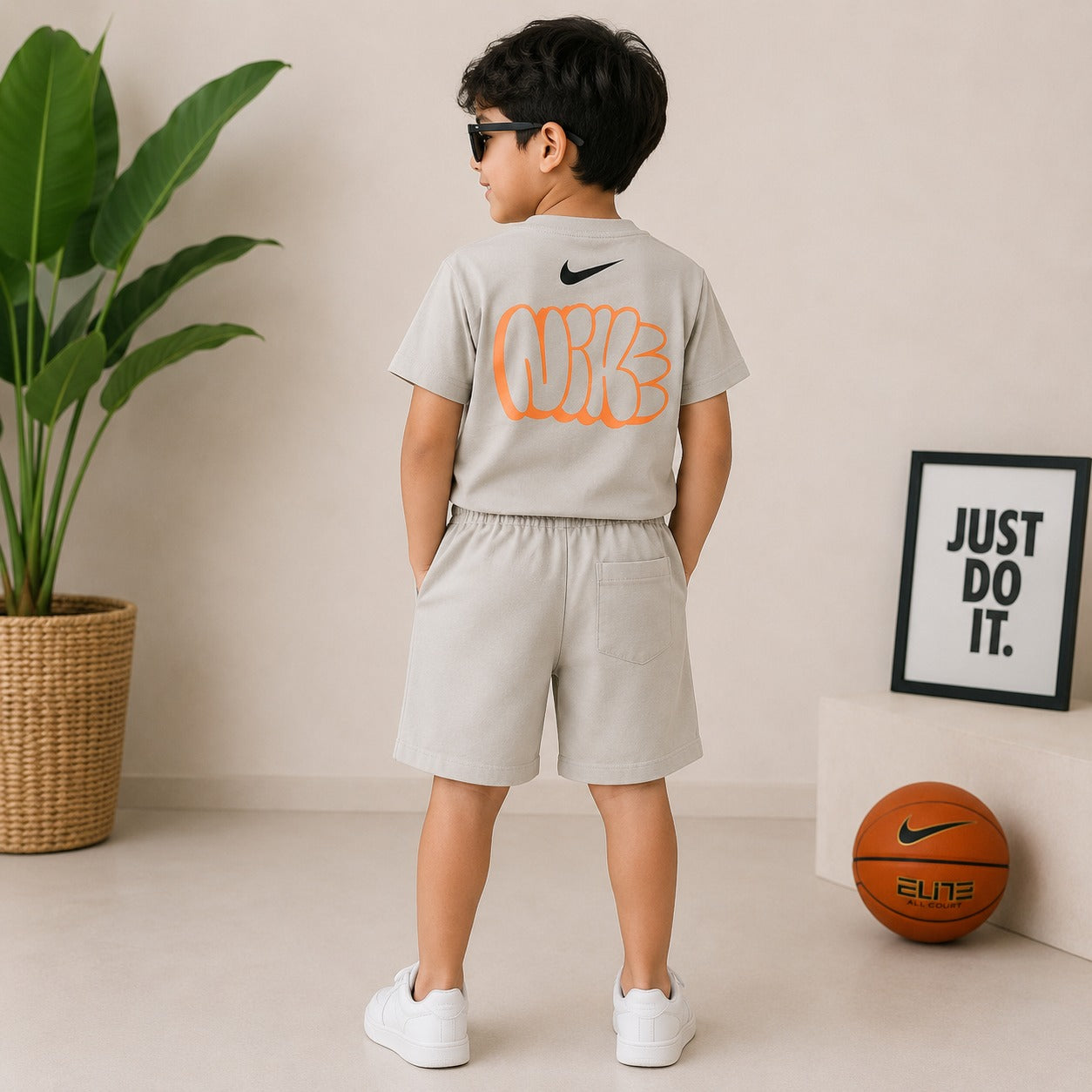 Smile Baby Boys Cotton T-Shirt & Shorts Co-Ord Set | Casual Summer Outfit with Graphic Back Print | Off White & Orange | Kids Sportswear | Size 4-12 Years