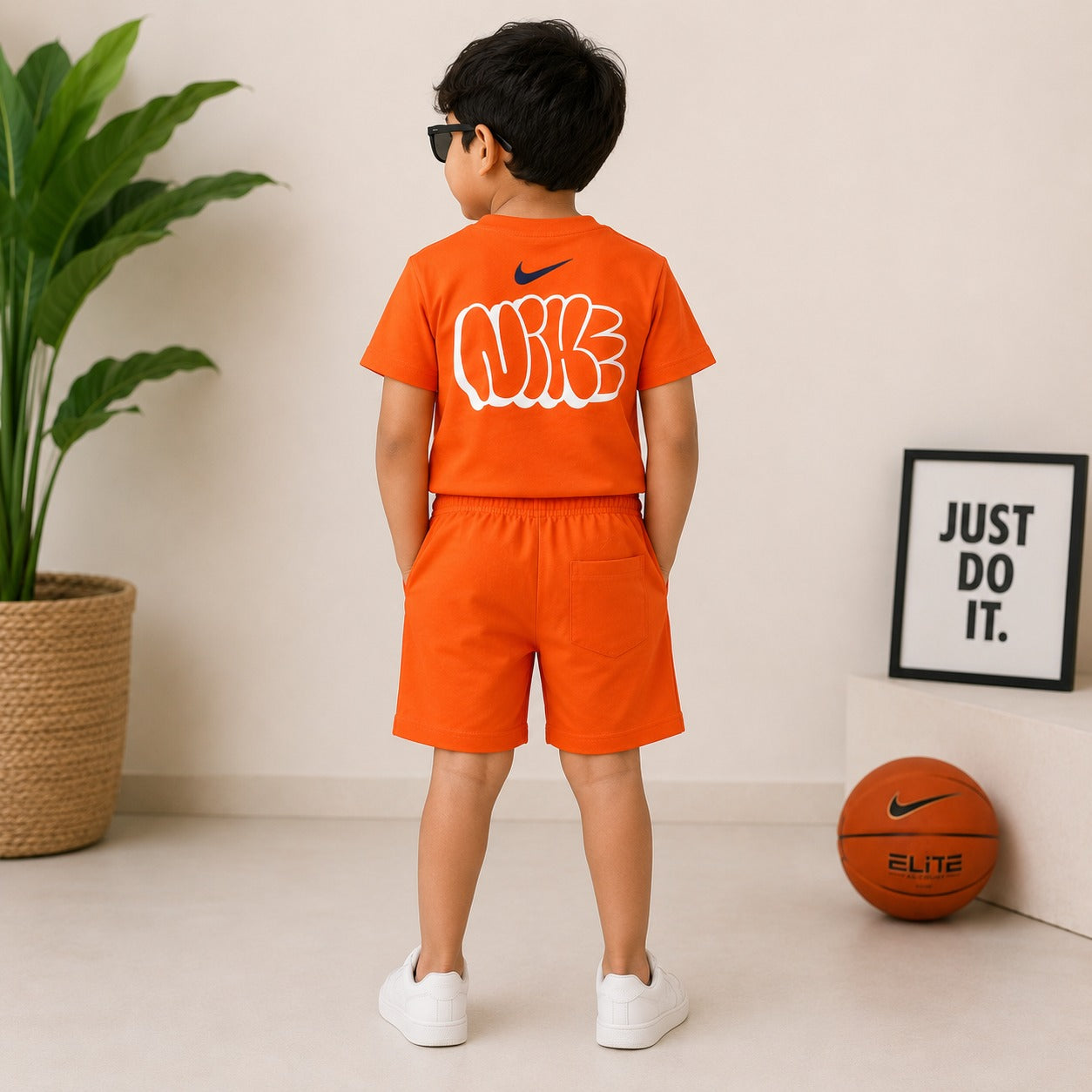 Smile Baby Boys Cotton T-Shirt & Shorts Co-Ord Set | Casual Summer Outfit with Graphic Back Print | Off White & Orange | Kids Sportswear | Size 4-12 Years