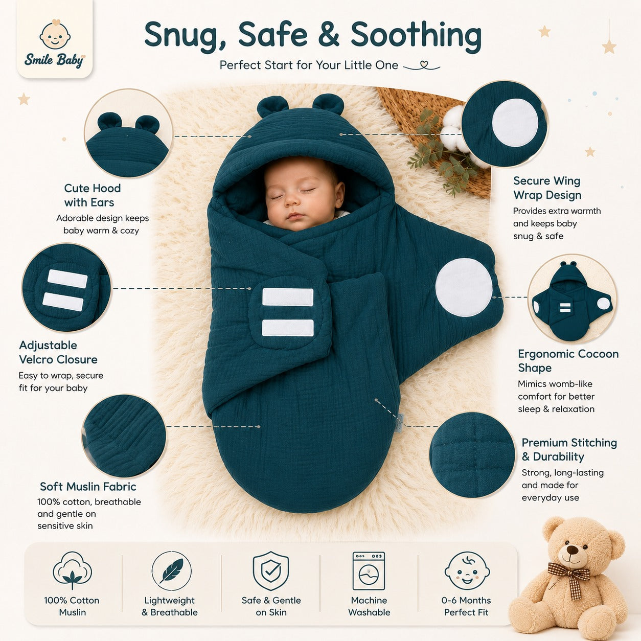 Smile Baby Premium Muslin Baby Wrapper Cum Swaddle Blanket with Hood & Cute Bear Ears | Soft Breathable Receiving Blanket for Newborn Baby | Multi-Use Baby Wrap | 0-6 Months | Color Options: S.Blue, Cream, Onion, Navy, Green & Rust