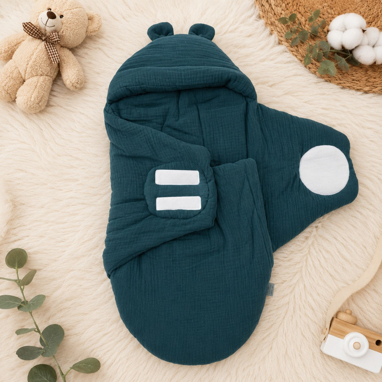 Smile Baby Premium Muslin Baby Wrapper Cum Swaddle Blanket with Hood & Cute Bear Ears | Soft Breathable Receiving Blanket for Newborn Baby | Multi-Use Baby Wrap | 0-6 Months | Color Options: S.Blue, Cream, Onion, Navy, Green & Rust