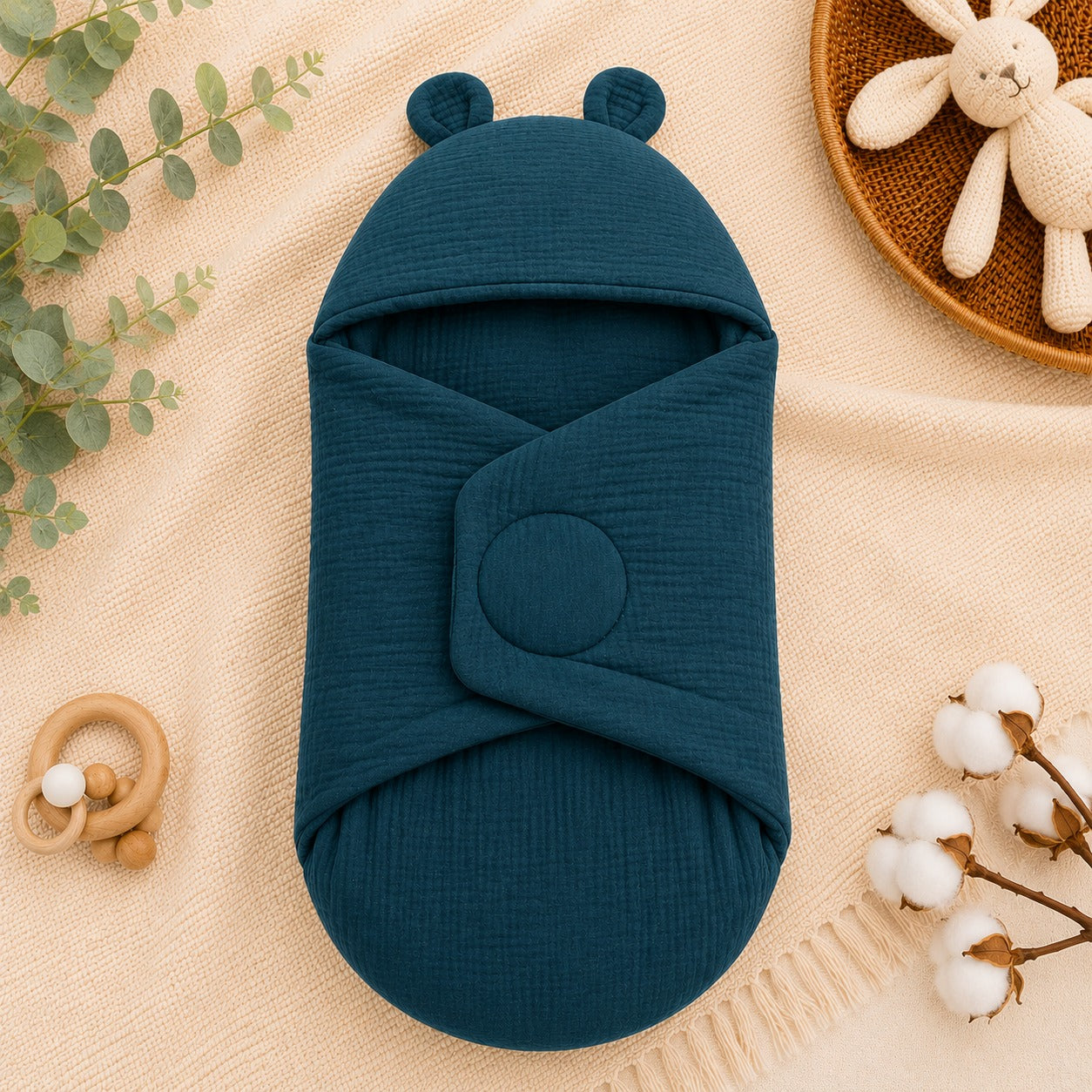 Smile Baby Premium Muslin Baby Wrapper Cum Swaddle Blanket with Hood & Cute Bear Ears | Soft Breathable Receiving Blanket for Newborn Baby | Multi-Use Baby Wrap | 0-6 Months | Color Options: S.Blue, Cream, Onion, Navy, Green & Rust