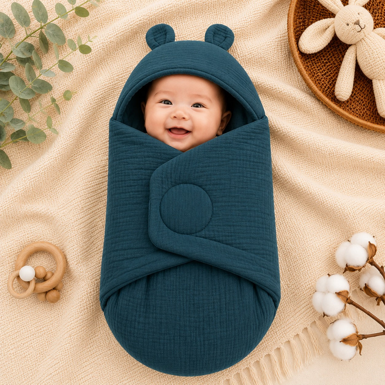 Smile Baby Premium Muslin Baby Wrapper Cum Swaddle Blanket with Hood & Cute Bear Ears | Soft Breathable Receiving Blanket for Newborn Baby | Multi-Use Baby Wrap | 0-6 Months | Color Options: S.Blue, Cream, Onion, Navy, Green & Rust