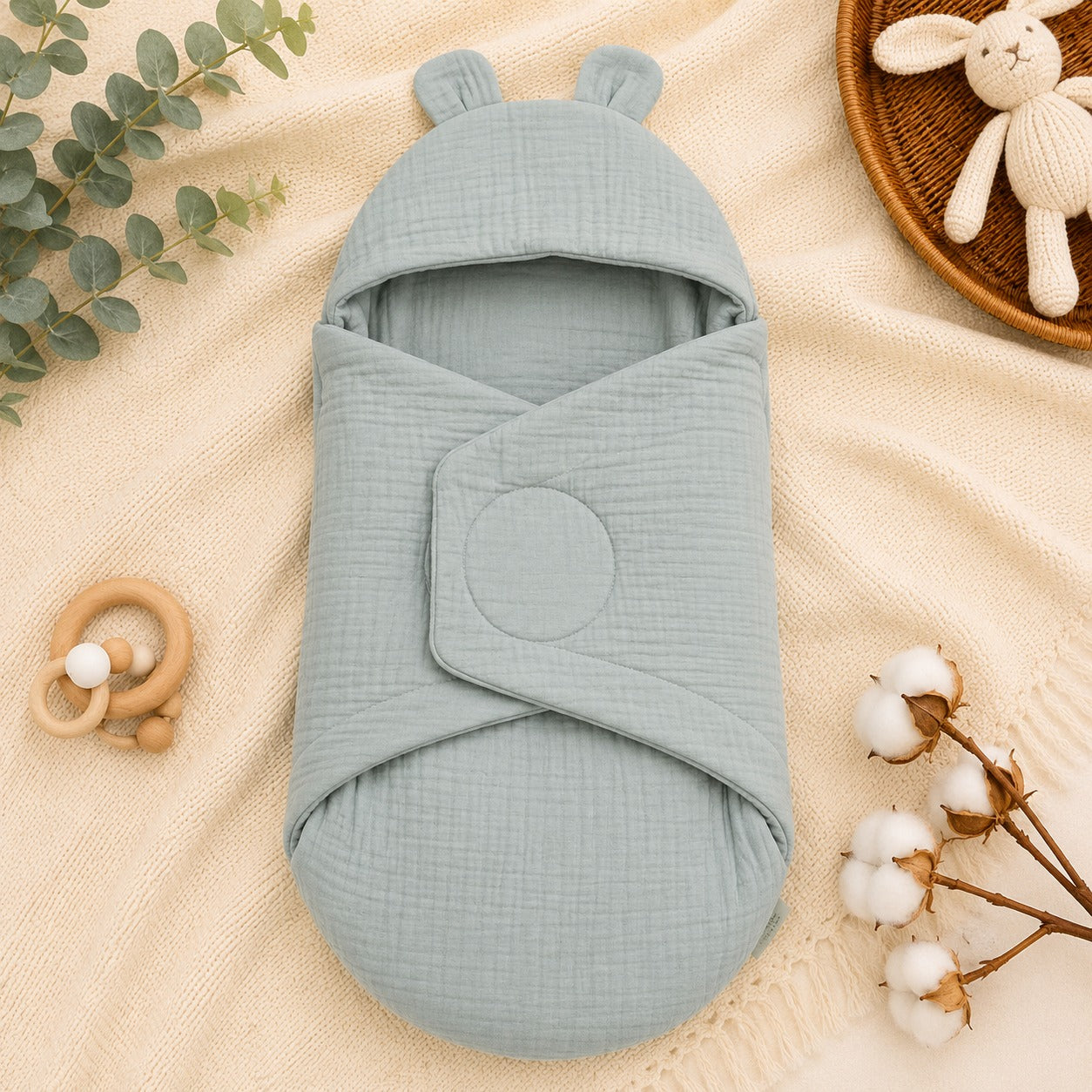 Smile Baby Premium Muslin Baby Wrapper Cum Swaddle Blanket with Hood & Cute Bear Ears | Soft Breathable Receiving Blanket for Newborn Baby | Multi-Use Baby Wrap | 0-6 Months | Color Options: S.Blue, Cream, Onion, Navy, Green & Rust