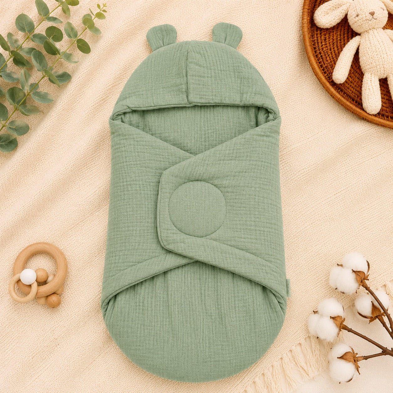 Smile Baby Premium Muslin Baby Wrapper Cum Swaddle Blanket with Hood & Cute Bear Ears | Soft Breathable Receiving Blanket for Newborn Baby | Multi-Use Baby Wrap | 0-6 Months | Color Options: S.Blue, Cream, Onion, Navy, Green & Rust