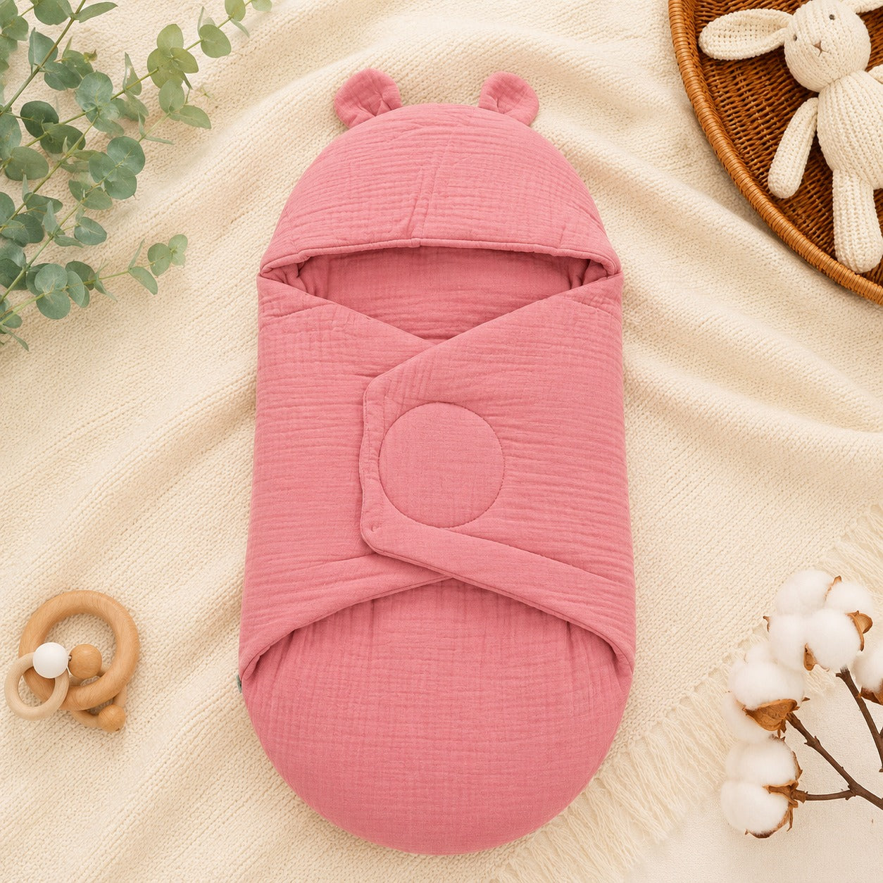Smile Baby Premium Muslin Baby Wrapper Cum Swaddle Blanket with Hood & Cute Bear Ears | Soft Breathable Receiving Blanket for Newborn Baby | Multi-Use Baby Wrap | 0-6 Months | Color Options: S.Blue, Cream, Onion, Navy, Green & Rust