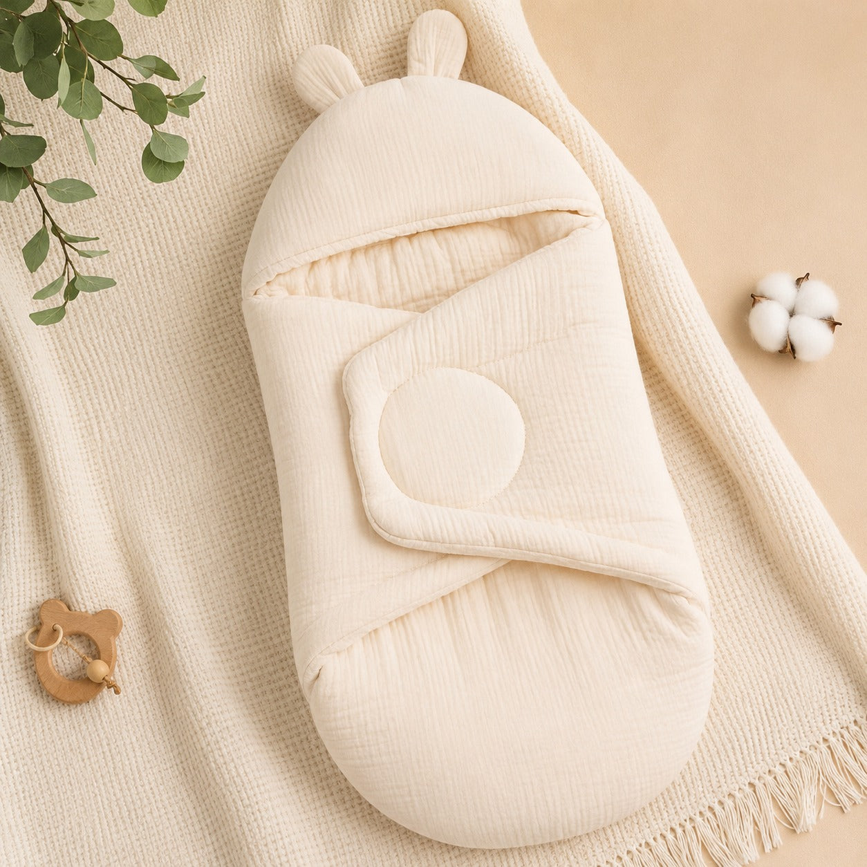 Smile Baby Premium Muslin Baby Wrapper Cum Swaddle Blanket with Hood & Cute Bear Ears | Soft Breathable Receiving Blanket for Newborn Baby | Multi-Use Baby Wrap | 0-6 Months | Color Options: S.Blue, Cream, Onion, Navy, Green & Rust