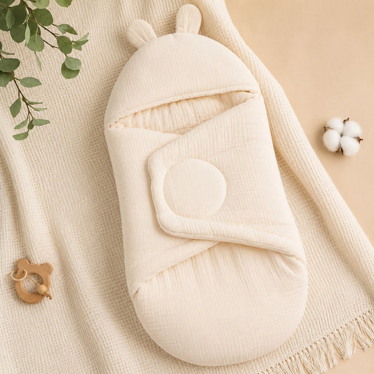 Smile Baby Premium Muslin Baby Wrapper Cum Swaddle Blanket with Hood & Cute Bear Ears | Soft Breathable Receiving Blanket for Newborn Baby | Multi-Use Baby Wrap | 0-6 Months | Color Options: S.Blue, Cream, Onion, Navy, Green & Rust