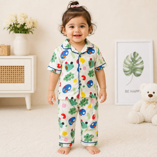 Boy wearing Smile Baby cream cotton night suit with playful animal print and half sleeve button shirt