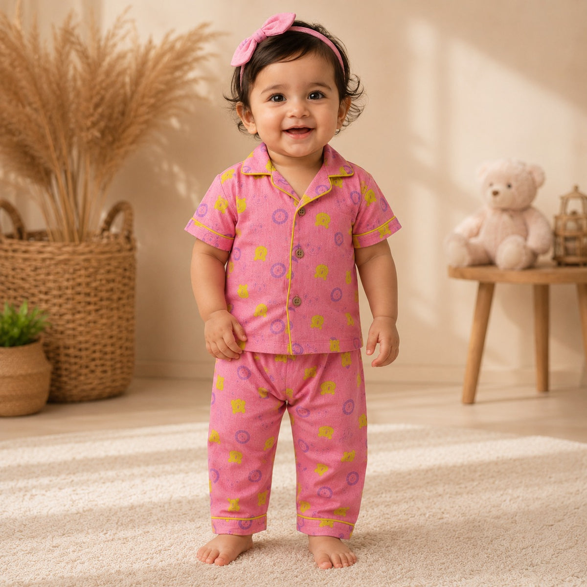 Smile Baby Girls Pink Cotton Half Sleeve Printed Night Suit Set Front View with Collared Shirt and Pajama