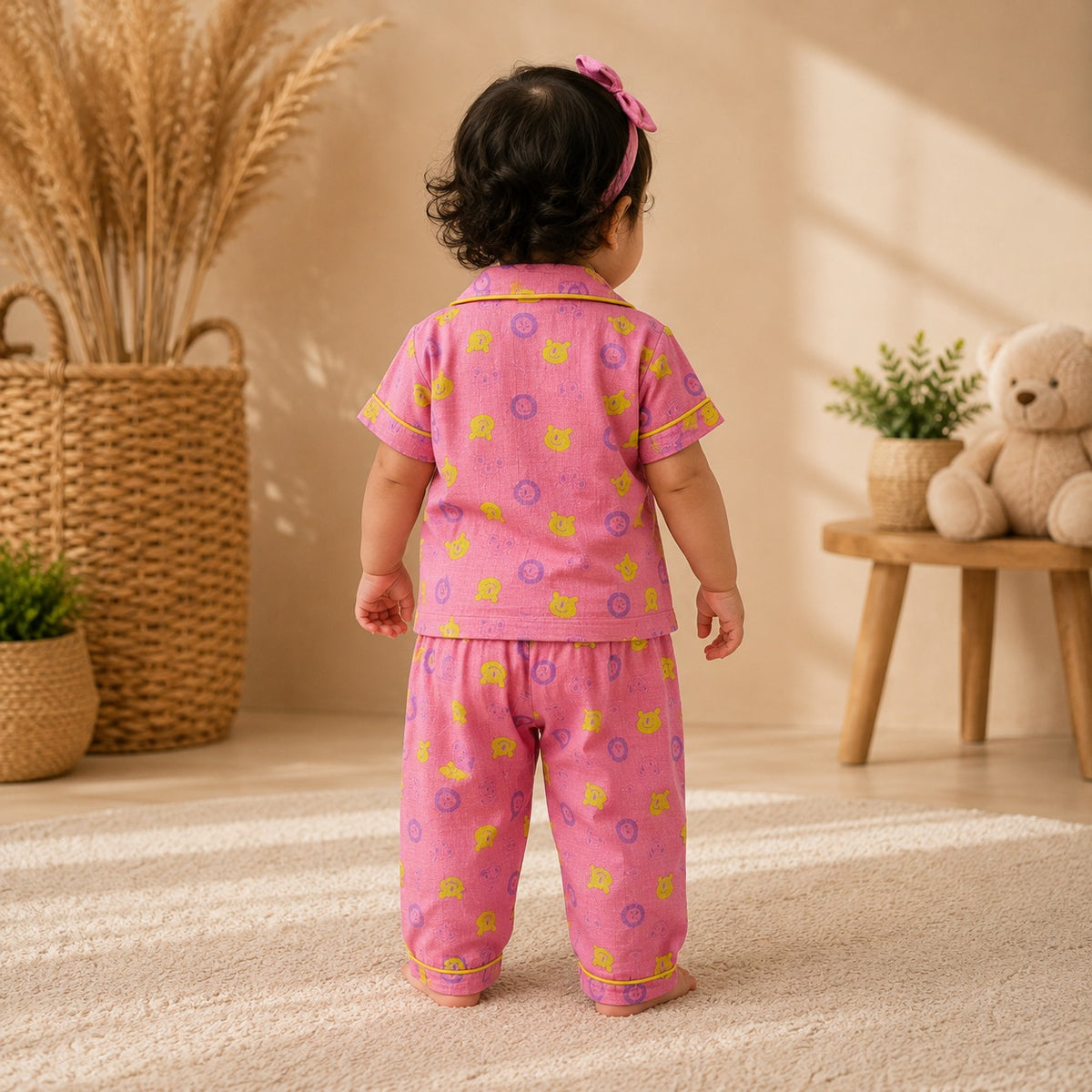 Smile Baby Girls Pink Cotton Printed Night Suit Set Back View Showing All-Over Print and Comfortable Fit