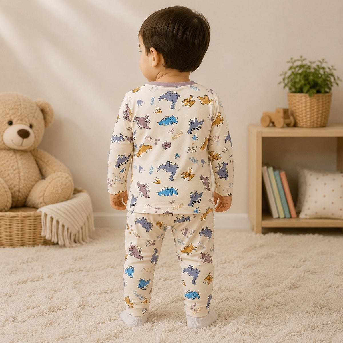 Back view of Smile Baby boys cream and rust dinosaur print full sleeve cotton night suit featuring playful dinosaur print and soft breathable cotton fabric.
