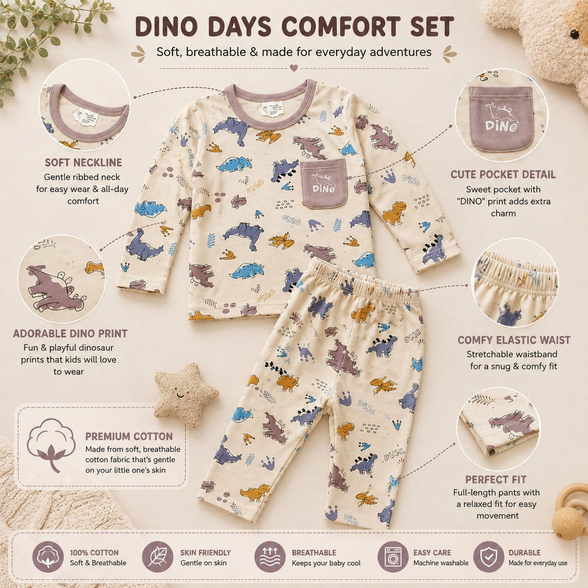 Smile Baby boys cream and rust dinosaur print full sleeve cotton night suit infographic highlighting premium cotton fabric, soft neckline, Dino pocket, elastic waistband, breathable comfort and durable everyday wear.