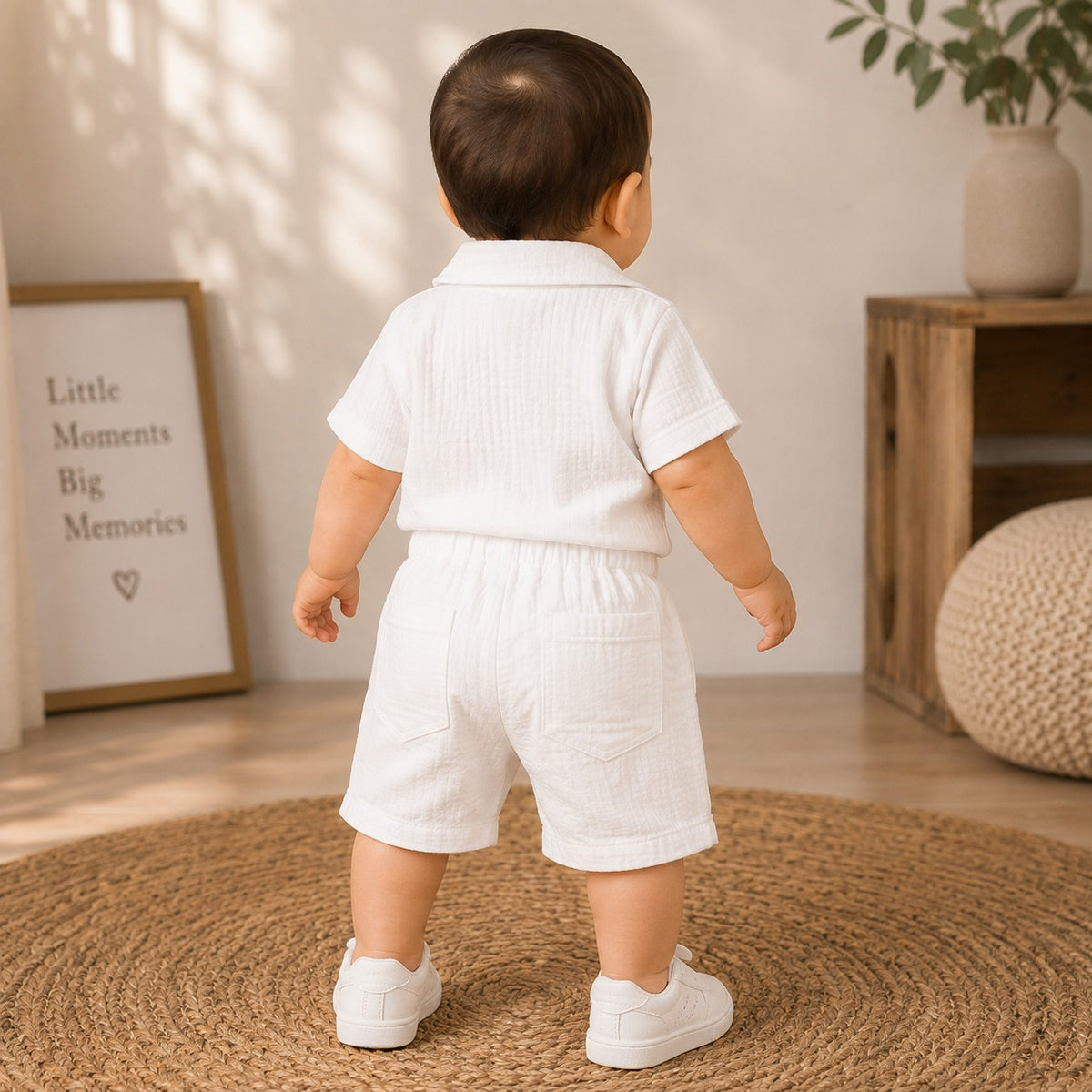 Smile Baby baby boy white shirt and shorts set back view