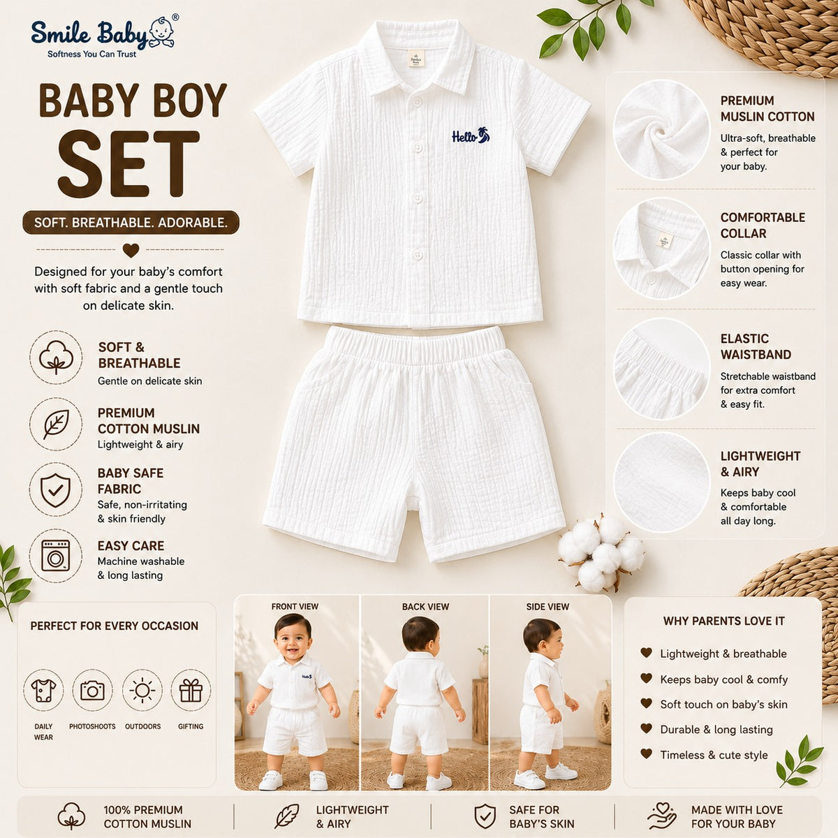 Smile Baby baby boy white shirt and shorts set A+ content infographic featuring premium muslin cotton, soft breathable fabric, comfortable collar, elastic waistband, lightweight design, front back and side views, and everyday wear benefits.