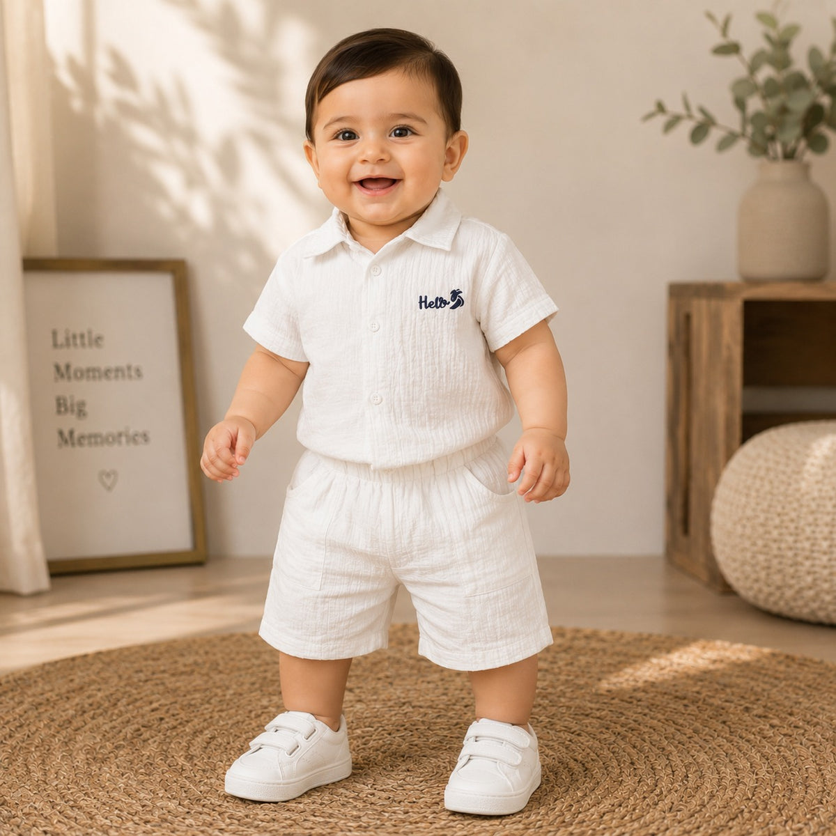 Smile Baby baby boy white shirt and shorts set front view with embroidered logo