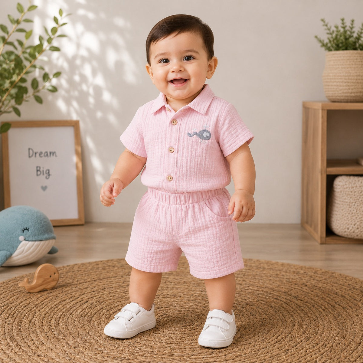 Smile Baby baby boy pink shirt and shorts set front view with embroidered whale design