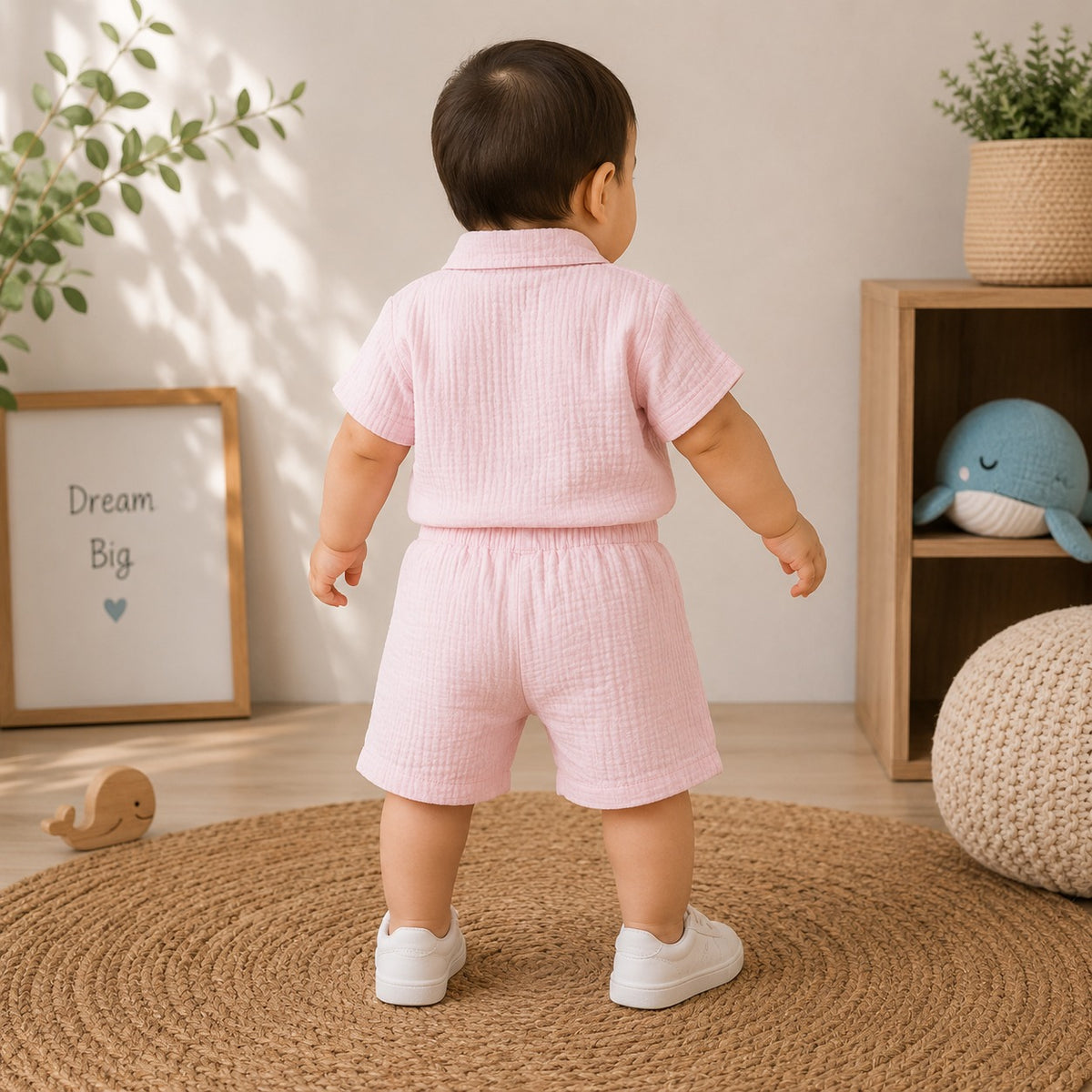Smile Baby baby boy pink shirt and shorts set back view