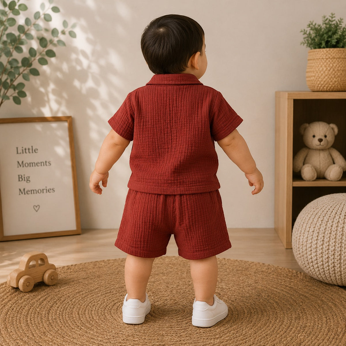 Smile Baby maroon muslin baby boy shirt and shorts set back view