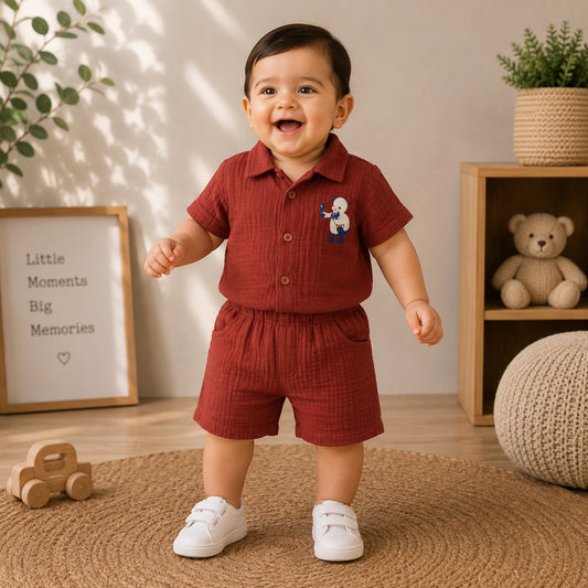 Smile Baby maroon muslin shirt and shorts co-ord set for baby boys 3 months to 3 years front view