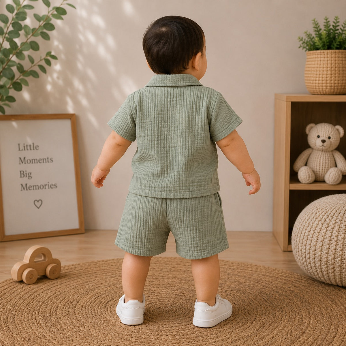 Smile Baby green muslin baby boy outfit back view with matching shorts