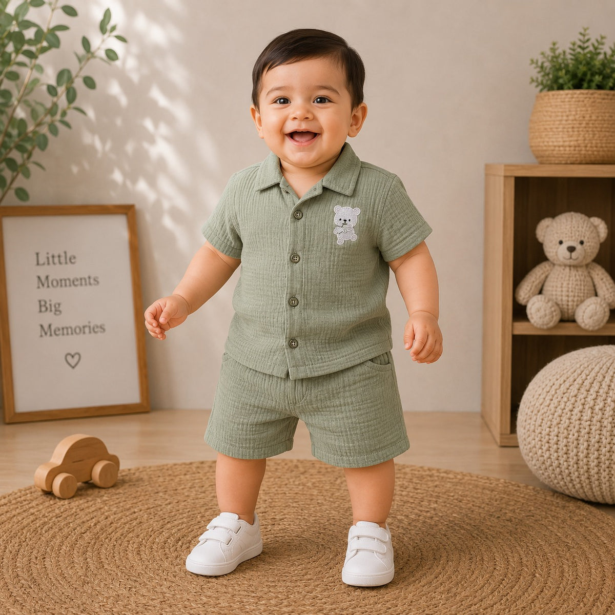 Smile Baby green muslin shirt and shorts set for baby boys 3 months to 3 years front view