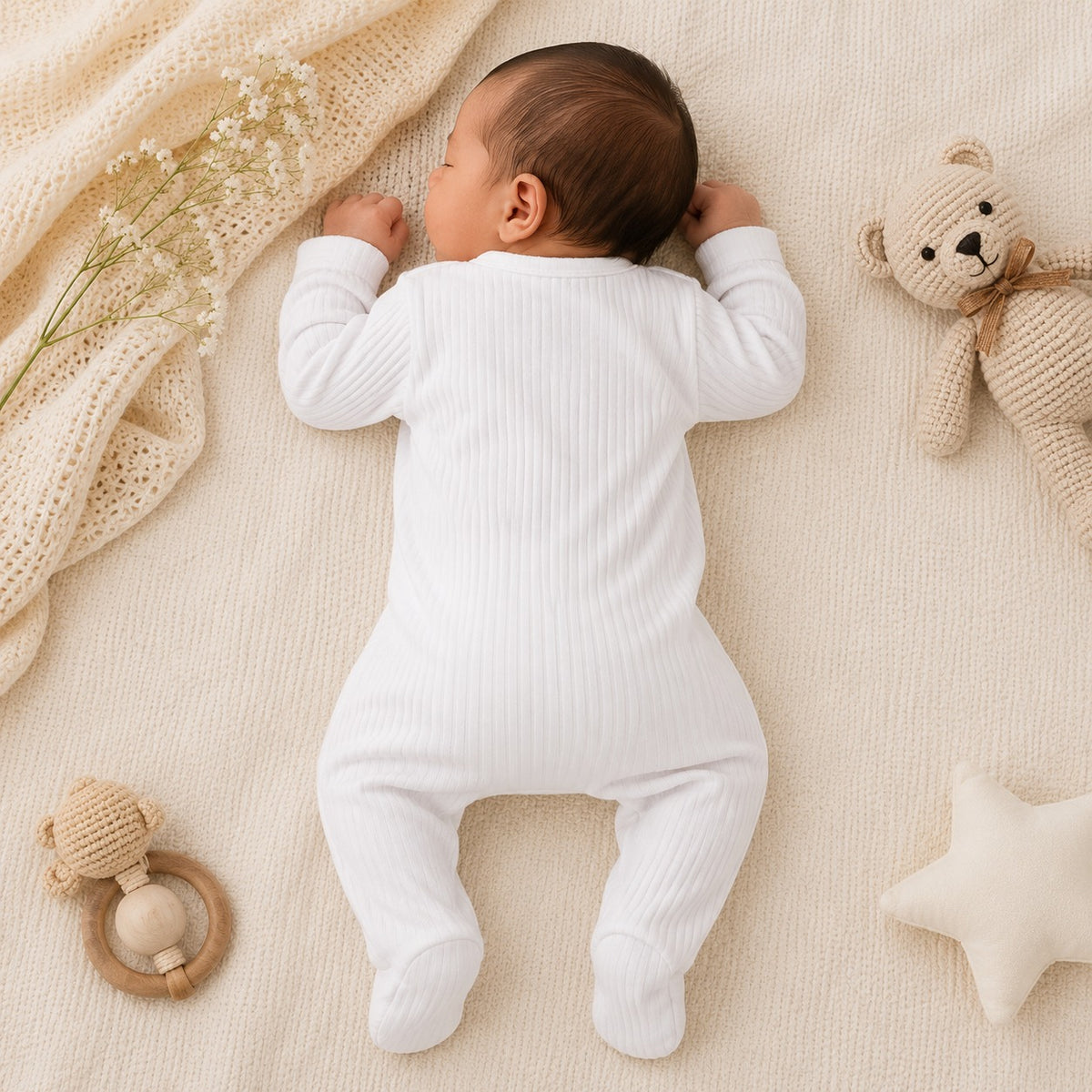 Smile Baby white cotton ribbed newborn baby romper back view with full sleeves and footed design