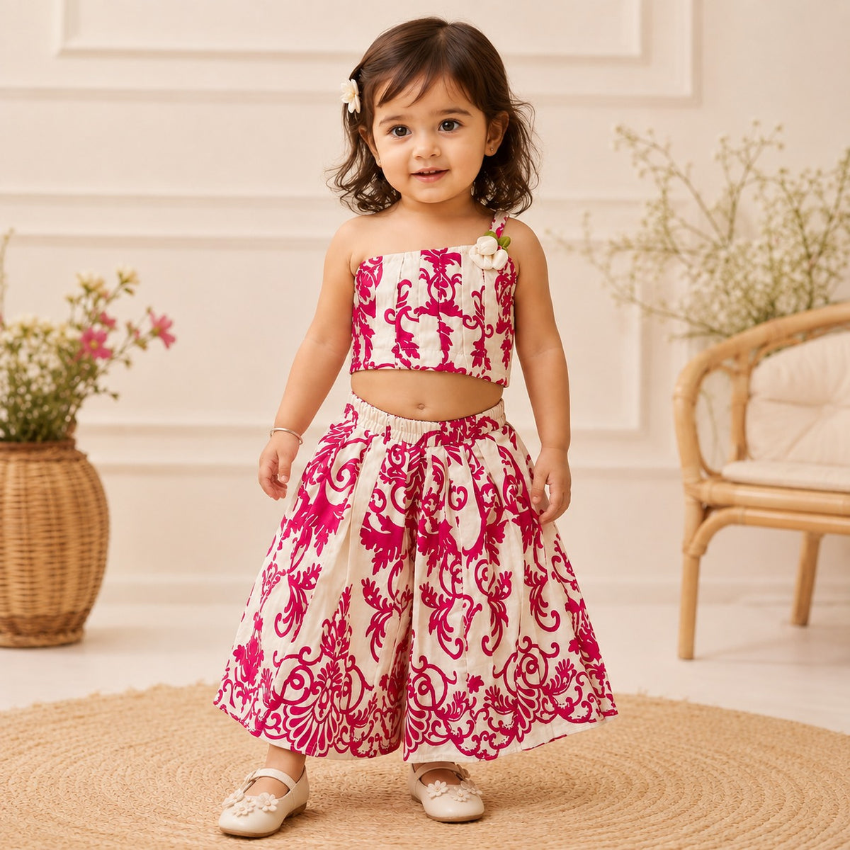 ROXY girls hot pink printed palazzo set with one-shoulder top and wide-leg pants front view