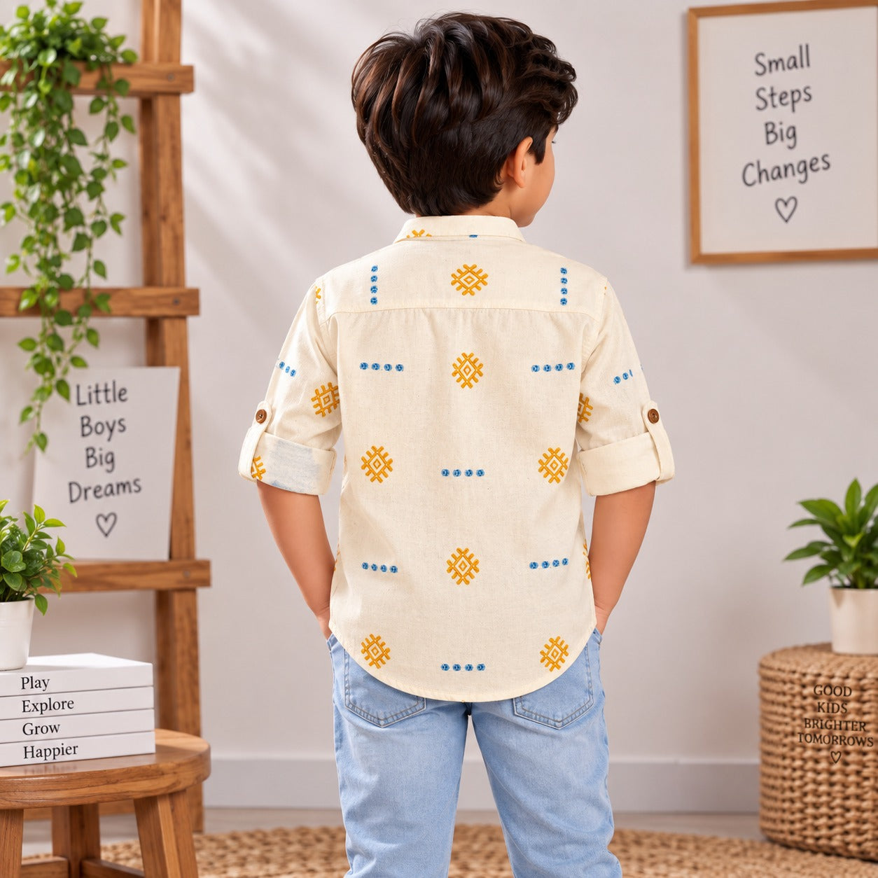 SMILE BABY boys cream geometric embroidered shirt back view with blue and yellow detailing