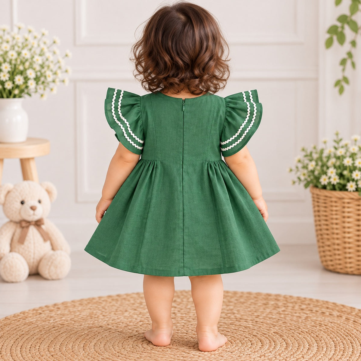 JUST TOTS Girls Red Frock Dress | Cute Floral Applique Flutter Sleeve Party Wear Dress for Baby Girls | 9 Months to 4 Years 