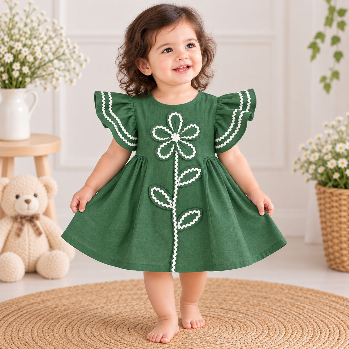 JUST TOTS Girls Red Frock Dress | Cute Floral Applique Flutter Sleeve Party Wear Dress for Baby Girls | 9 Months to 4 Years 