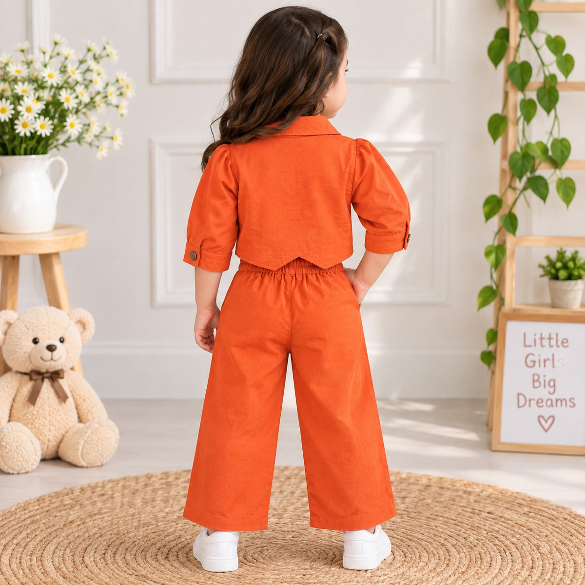 JUST TOTS Girls Co-Ord Set | Stylish Collar Top & Wide Leg Pants | 12 Months to 6 Years | ORANGE and Lemon